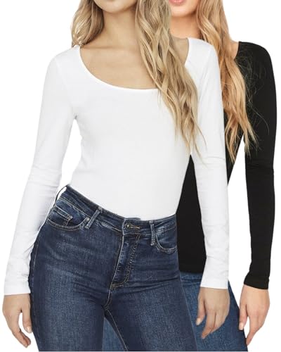 VERO MODA Damen Langarmshirt figurbetont, tiefer U-Neck Rundhalsausschnitt, Longsleeve im Multi-Set (XS, White+Black 809) von VERO MODA