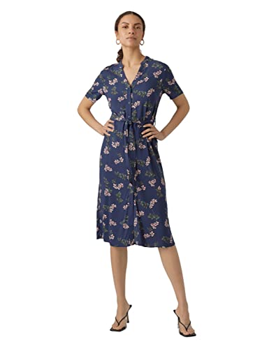 VERO MODA Damen Midi Blusen Kleid Kurzarm V-Ausschnitt Tunika Dress mit Knopfleiste & Gürtel VMVICA, Farben:Navy,Größe Damen:S von VERO MODA