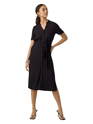 VERO MODA Damen Midi Blusen Kleid Kurzarm V-Ausschnitt Tunika Dress mit Knopfleiste & Gürtel VMVICA, Farben:Schwarz,Größe Damen:XS von VERO MODA