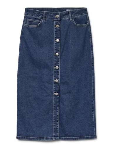 VERO MODA Damen Midi Jeans Rock VMNatty 7/8 Button Skirt Damenrock mit Knöpfen 10331366 Dark Blue Denim S von VERO MODA