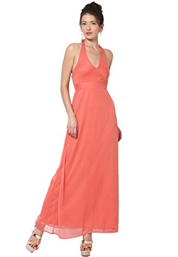 VERO MODA Damen Neckholder Kleid KLORINA Halterneck Maxi Dress, Maxi, Gr. 38, Orange (Spiced Coral Detail:SOLID 17-1644 TCX:Spiced Coral Detail:SOLID) von VERO MODA