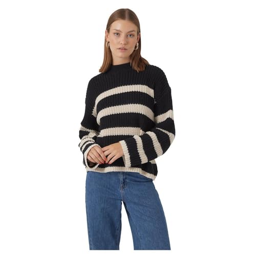 VERO MODA Damen VMHILDA LS Highneck GA NOOS Pullover, Black/Stripes:Birch, XS von VERO MODA