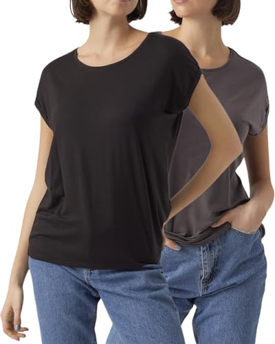 VERO MODA Damen T-Shirt, Kurzarm-Top, Regular-Fit, 2er-Multi-Set (Plain 1xAsphalt+1xBlack, XL) von VERO MODA