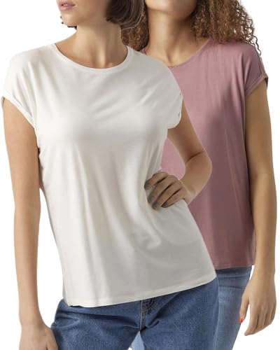 VERO MODA Damen T-Shirt, Kurzarm-Top, Regular-Fit, 2er-Multi-Set (Plain 1xN.Rose+SnowWhite, L) von VERO MODA