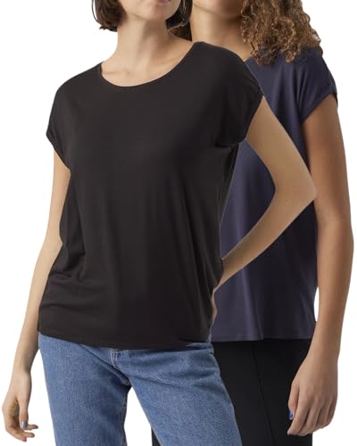 VERO MODA Damen T-Shirt, Kurzarm-Top, Regular-Fit, 2er-Multi-Set (Plain 1xNightSky+Black, XXL) von VERO MODA