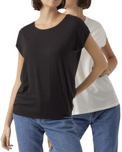 VERO MODA Damen T-Shirt, Kurzarm-Top, Regular-Fit, 2er-Multi-Set (Plain 1xSnowWhite+1xBlack, L) von VERO MODA
