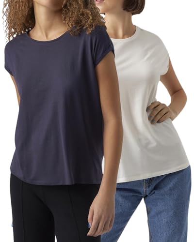 VERO MODA Damen T-Shirt, Kurzarm-Top, Regular-Fit, 2er-Multi-Set (Plain 1xSnowWhite+1xNightSky, M) von VERO MODA