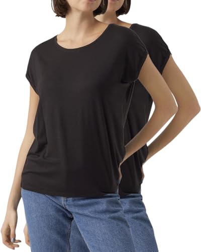 VERO MODA Damen T-Shirt, Kurzarm-Top, Regular-Fit, 2er-Multi-Set (Plain 2xBlack, XXL) von VERO MODA