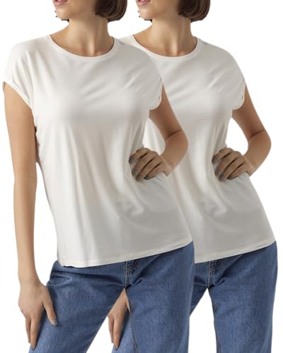 VERO MODA Damen T-Shirt, Kurzarm-Top, Regular-Fit, 2er-Multi-Set (Plain 2xSnowWhite, L) von VERO MODA