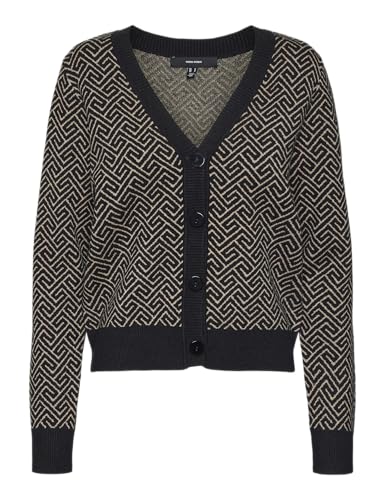 VERO MODA Damen VMARIA Art LS V-Neck Cardigan GA Strickjacke, Black/Detail:W. Silver Mink Grafic Print, XS von VERO MODA