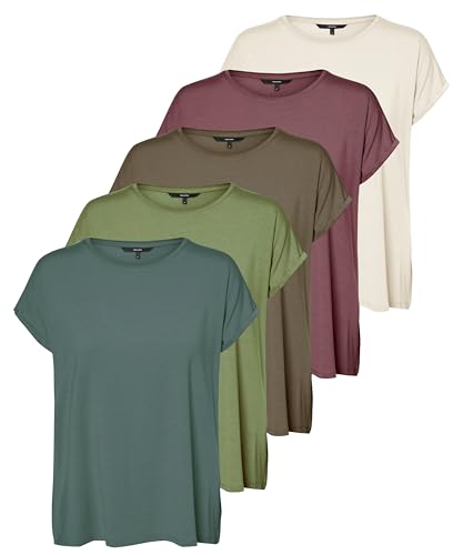 VERO MODA Damen VMAVA Plain SS TOP GA 5PACK T-Shirt Kurzarm, Balsam Green/Oil Green/Caribou/Rose Brown/Pumice Stone, M von VERO MODA