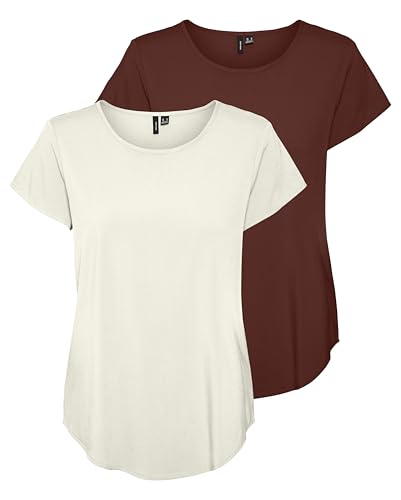 VERO MODA Damen VMBELLA SS TOP 2-Pack WVN GA Kurzärmeliges Rundhals Shirt, Fired Brick/Cannoil Cream, XXL von VERO MODA