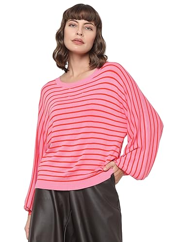 VERO MODA Damen VMDAHLIA LS Balloon GA Boo Pullover, Sachet Pink/Stripes:Tangerine, M von VERO MODA