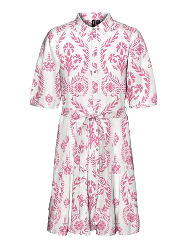 VERO MODA Damen Vmdicthe 2/4 Short Volume Dress WVN Ga Keid, Snow White/AOP:Hari Pink Cosmos,XL von VERO MODA
