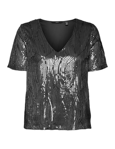 VERO MODA Damen VMELLEN SS V-Neck TOP JRS Kurzarmbluse, Black, Large von VERO MODA