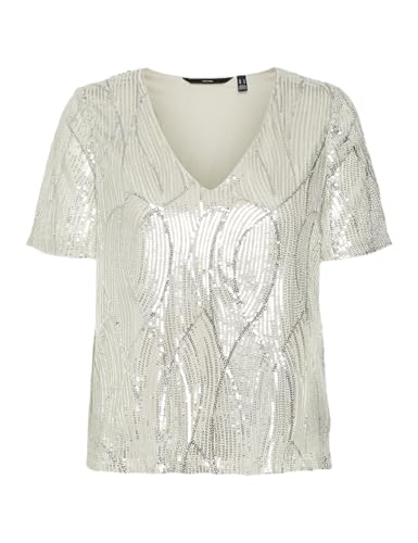 VERO MODA Damen VMELLEN SS V-Neck TOP JRS Kurzarmbluse, Pumice Stone, X-Small von VERO MODA