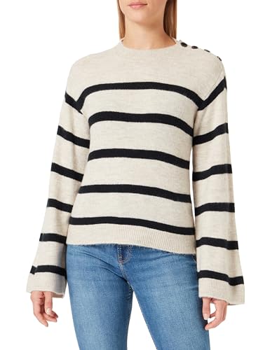 VERO MODA Damen VMLEFILE LS O-Neck Button Boo Pullover, Birch/Stripes:W. Black, S von VERO MODA