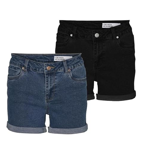 VERO MODA Damen VMLUNA MR FOLD Denim Shorts 2PACK, Medium Blue Denim/Schwarz, XXL von VERO MODA