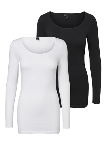VERO MODA Damen VMMAXI My LS Soft Long U-Neck GA 2 PCK Longsleeve, Bright White/Pack:Black, L von VERO MODA