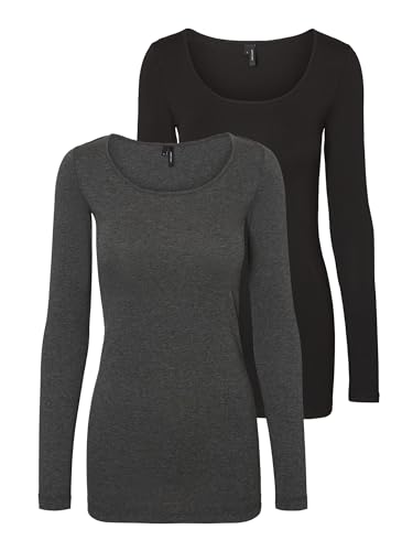 Vero Moda Damen VMMAXI My LS Soft Long U-Neck GA 2 PCK Longsleeve, Dark Grey Melange/Pack:Black, L von VERO MODA