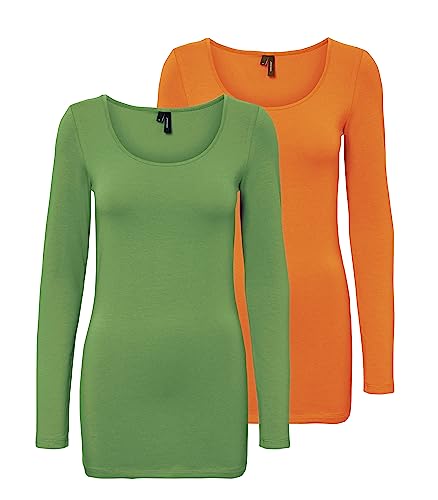 VERO MODA Damen VMMAXI My LS Soft Long U-Neck GA 2P, Meadow Green/Sun Orange, L von VERO MODA