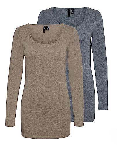 VERO MODA Damen VMMAXI My LS Soft Long U-Neck GA 2P, Ombre Blue Melange/Walnut Melange, M von VERO MODA
