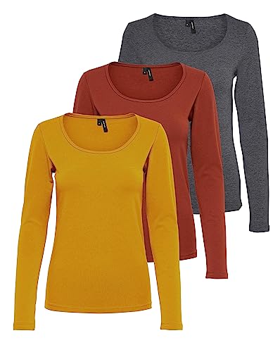 VERO MODA Damen VMMAXI My LS Soft UNECK NOOS 3-Pack, Golden Yellow/Burnt Henna & DG, S von VERO MODA