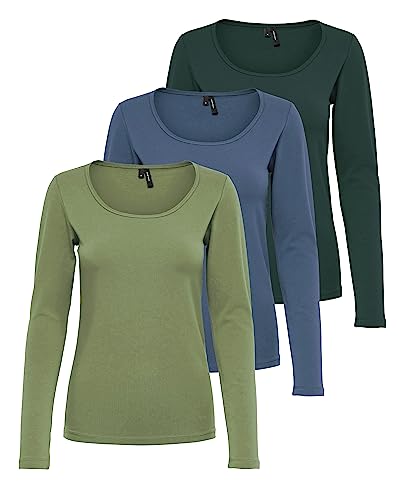 VERO MODA Damen VMMAXI My LS Soft UNECK NOOS 3-Pack Langarmshirt, Oil Green/Green Gables & Chine, L von VERO MODA