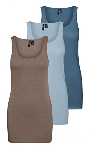 VERO MODA Damen VMMAXI My Soft Long Tank TOP GA 3P, Blue Fog/Walnut Light Mel & CH, S von VERO MODA