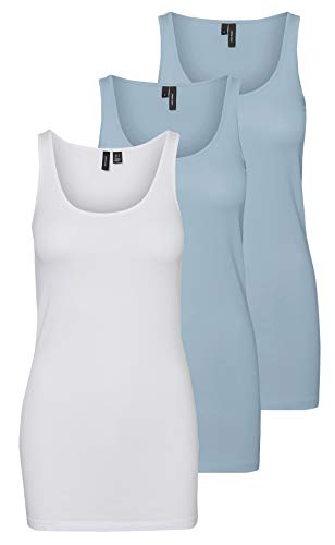 VERO MODA Damen VMMAXI My Soft Long Tank TOP GA 3P 10229554, Bright White/Blue Fog + Blue F, S von VERO MODA