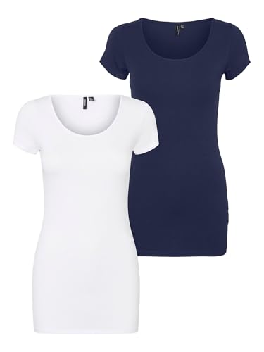 VERO MODA Damen VMMAXI My Soft SS Long U-Neck GA 2 PCK T-Shirt, Black Iris/Pack:Bright White, M von VERO MODA