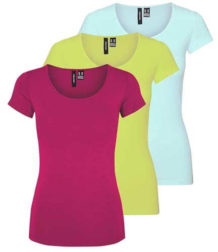 VERO MODA Damen VMMAXI My Soft SS U-Neck GA 3Pack, Bright Rose, Wild Lime, Dusty Aqua, XXL von VERO MODA
