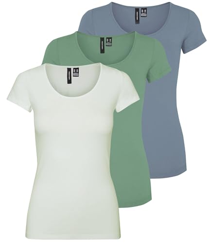 VERO MODA Damen VMMAXI My Soft SS U-Neck GA 3Pack, Granite Green, Lightest Sky, Citadel, S von VERO MODA