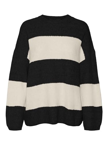 VERO MODA Damen VMNATAHLIE LS O-Neck Pullover GA NOOS Strickpullover, Black/Stripes:Birch, XL von VERO MODA