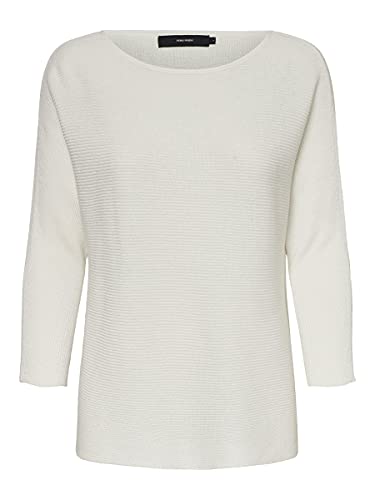 VERO Moda Damen Rippstrick Pullover U-Ausschnitt 3/4 Langarm Basic Knitted Stretch Sweater VMNORA, Farben:Weiß, Größe:S von VERO MODA