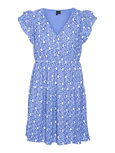 VERO MODA Damen VMSONEY LACE SL V-Neck Short Dress WVN Kleid, Little Boy Blue/Detail:Snow White Lines, L von VERO MODA