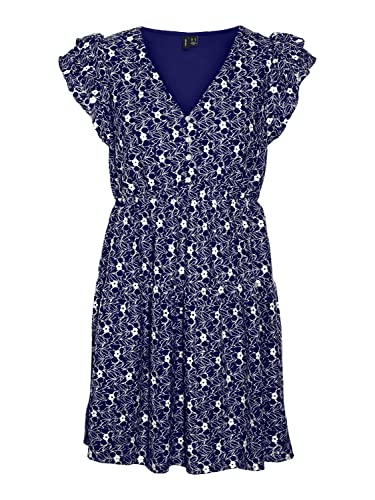 VERO MODA Damen VMSONEY LACE SL V-Neck Short Dress WVN Kleid, Navy Blazer/Detail:Snow White Lines, S von VERO MODA