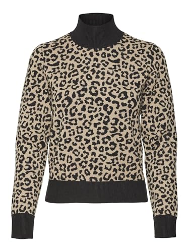 VERO MODA Damen VMARIA Art LS HIGH-Neck Pullover GA Strickpullover, Black/Detail:W. Silver Mink Leo Print, XL von VERO MODA
