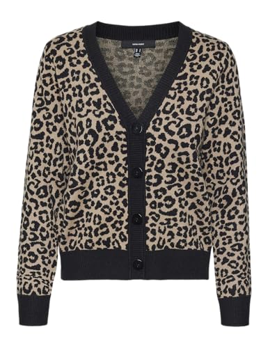 VERO MODA Damen Vmaria Art Ls V-Neck Cardigan Ga Strickjacke, Black/Detail:W. Silver Mink Leo Print, L von VERO MODA