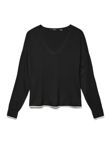 VERO MODA Damen Vmbreeze V-Neck Ga Boo Strickpullover, Black/Detail:w. Birch Contrast, S EU von VERO MODA
