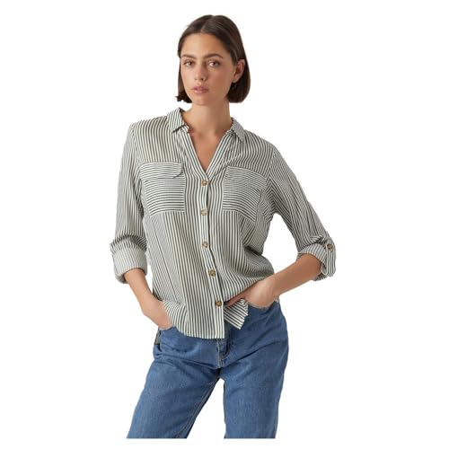 VERO MODA Damen Blusen Hemd Leger mit Brusttaschen Regular Stretch 3/4 Arm Top Oberteil, Farben:Grün, Größe:XXL von VERO MODA