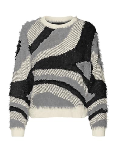 VERO MODA Damen VMCALLIE LS O-Neck FEATHERYARN Pullover Strickpullover, Birch/Detail:Griffen+Black, Medium von VERO MODA
