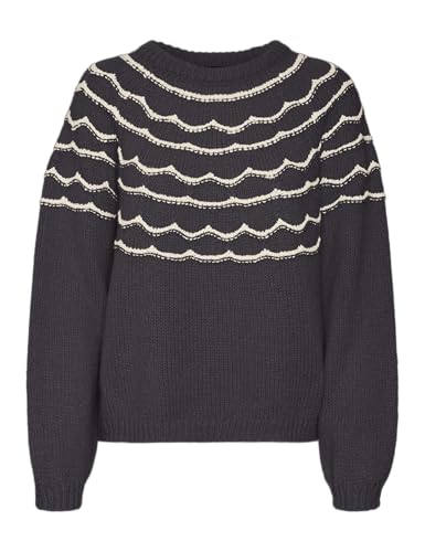 VERO MODA Damen Vmcharmaine Ls O-Neck Pullover Ga Boo Strickpullover, Obsidian/Detail:W. Birch, M von VERO MODA