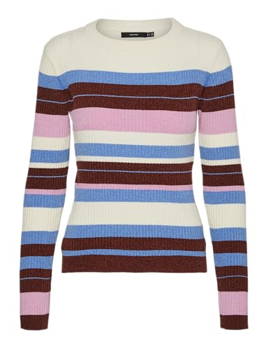 VERO MODA Damen Vmchili O-Neck Stripe Boo Strickpullover, Birch/Stripes:Blue Jasper + Fired Brick + Fuchsia Pink, S EU von VERO MODA