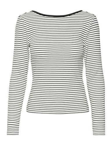 VERO MODA Damen Vmchloe Stripe Ls 2way Short Top Go Noos Langarmshirt, Snow White/Stripes:Black, XX-Large von VERO MODA