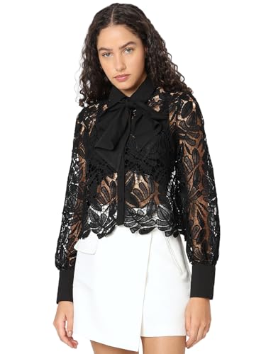 VERO MODA Damen Vmeda Ls Short Bow Shirt Pa WVN PRM Langarmbluse, Black, Small von VERO MODA