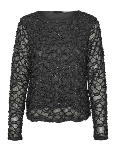 VERO MODA Damen VMELGA LS Short Boatneck Glitter TOP JRS Langarmbluse, Asphalt/Detail:3D Lurex, M von VERO MODA