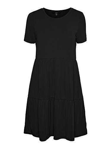 VERO Moda Damen Kurzes Blusenkleid Lockeres Kurzarm Tunika Mini Dress Einfarbig mit Rüschen VMFILLI, Farben:Schwarz, Größe:L von VERO MODA