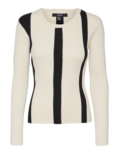 VERO MODA Damen VMGOLD New Rib LS O-Neck Pullover Strickpullover, Birch/Detail:W. Black, S von VERO MODA