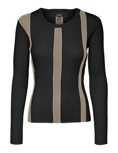 VERO MODA Damen Vmgold New Rib Ls O-Neck Pullover Strickpullover, Black/Detail:W. Silver Mink Melange, XS von VERO MODA